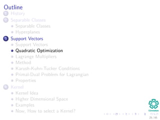 Therefore ...
We want the optimum value of the margin of separation as
ρ =
1
||w||
+
1
||w||
=
2
||w||
(8)
And the support vectors deﬁne the value of ρ
25 / 124
 