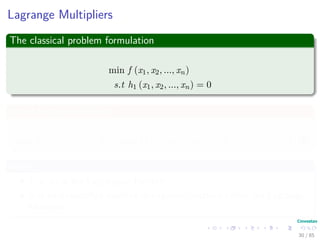 Lagrange Multipliers
The method of Lagrange multipliers
Gives a set of necessary conditions to identify optimal points of equality
constrained optimization problems.
This is done by converting a constrained problem to an equivalent
unconstrained problem with the help of certain unspeciﬁed parameters
known as Lagrange multipliers.
30 / 124
 