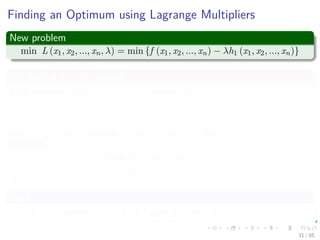 Lagrange Multipliers
The classical problem formulation
min f (x1, x2, ..., xn)
s.t h1 (x1, x2, ..., xn) = 0
It can be converted into
min L (x1, x2, ..., xn, λ) = min {f (x1, x2, ..., xn) − λh1 (x1, x2, ..., xn)}
(9)
where
L(x, λ) is the Lagrangian function.
λ is an unspeciﬁed positive or negative constant called the Lagrange
Multiplier.
31 / 124
 