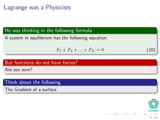 Lagrange was a Physicists
He was thinking in the following formula
A system in equilibrium has the following equation:
F1 + F2 + ... + FK = 0 (10)
But functions do not have forces?
Are you sure?
Think about the following
The Gradient of a surface.
35 / 124
 
