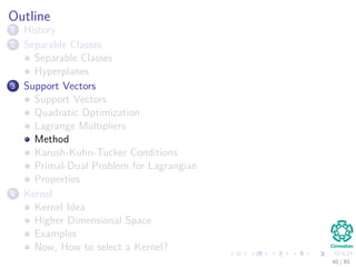 Geometric interpretation in the case of minimization
What is wrong? Gradients are going in the other direction, we can ﬁx
by simple multiplying by -1
Here the cost function is f (x, y) = x exp −x2 − y2 we want to minimize
f (−→x )
g1 (−→x )
g2 (−→x )
−∇f (−→x ) + λ1∇g1 (−→x ) + λ2∇g2 (−→x ) = 0
Nevertheless: it is equivalent to f −→x − λ1 g1
−→x − λ2 g2
−→x = 0
40 / 124
 