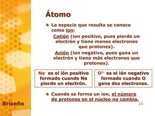 14
Átomo
La especie que resulta se conoce
como ion:
Catión (ion positivo, pues pierde un
electrón y tiene menos electrones
que protones).
Anión (ion negativo, pues gana un
electrón y tiene más electrones que
protones).
Cuando se forma un ion, el número
de protones en el núcleo no cambia.
Briseño
Na+ es el ión positivo
formado cuando Na
pierde un electrón.
O2- es el ión negativo
formado cuando O
gana dos electrones.
 