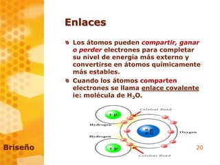 20
Enlaces
Los átomos pueden compartir, ganar
o perder electrones para completar
su nivel de energía más externo y
convertirse en átomos químicamente
más estables.
Cuando los átomos comparten
electrones se llama enlace covalente
ie: molécula de H2O.
Briseño
 