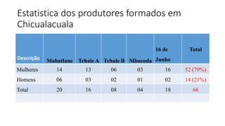 Estatistica dos produtores formados em
Chicualacuala
Descrição Mahatlane Tchale A Tchale B Mbocoda
16 de
Junho
Total
Mulheres 14 13 06 03 16 52 (79%)
Homens 06 03 02 01 02 14 (21%)
Total 20 16 08 04 18 66
 