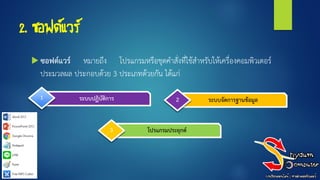 2. ซอฟต์แวร์
 ซอฟต์แวร์ หมายถึง โปรแกรมหรือชุดคาสั่งที่ใช้สาหรับให้เครื่องคอมพิวเตอร์
ประมวลผล ประกอบด้วย 3 ประเภทด้วยกัน ได้แก่
ระบบปฏิบัติการ1 ระบบจัดการฐานข้อมูล
โปรแกรมประยุกต์3
2
 