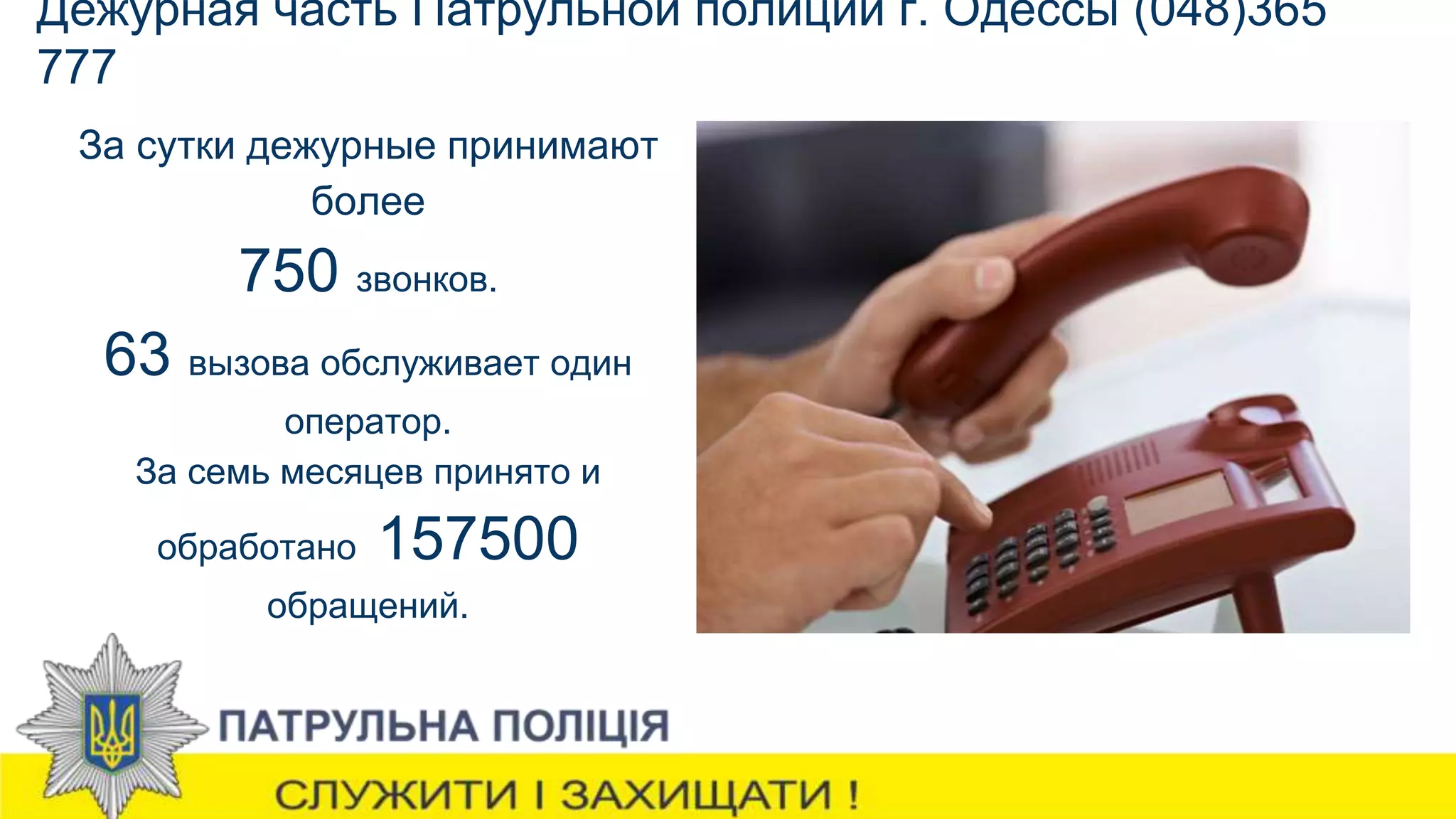 Дежурная часть Патрульной полиции г. Одессы (048)365
777
За сутки дежурные принимают
более
750 звонков.
63 вызова обслуживает один
оператор.
За семь месяцев принято и
обработано 157500
обращений.
 