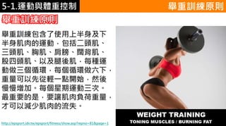 5-1.運動與體重控制 舉重訓練原則
舉重訓練原則
舉重訓練包含了使用上半身及下
半身肌肉的運動，包括二頭肌、
三頭肌、胸肌、肩膀、闊背肌、
股四頭肌、以及腿後肌，每種運
動做三個循環，每個循環做六下，
重量可以先從輕一點開始，然後
慢慢增加。每個星期運動三次。
最重要的是，要讓肌肉負荷重量，
才可以減少肌肉的流失。
http://epsport.idv.tw/epsport/fitness/show.asp?repno=81&page=1
 