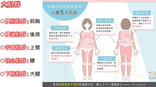 5-1.運動與體重控制大肌群
體前肌群 : 前胸
體後肌群 : 後背
手臂肌群 : 上臂
核心肌群 : 腰
下肢肌群 : 大腿
 