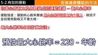 5-1.運動與體重控制 促進健康體能的方法
改善心肺耐力及身體組成的運動建議 ~ 最大心跳率
運動強度：運動時心跳率應達 最大心跳率百分之六十以上，稍流汗
並自覺有點喘又不會太喘。
http://wwwu.tsgh.ndmctsgh.edu.tw/chc/hpd/7_health_learning_2.htm
最大心跳率MHR計算方法 :
預估最大心跳率＝220－年齡
5-2.有效的運動
 