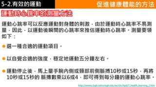 5-1.運動與體重控制 促進健康體能的方法
運動心跳率可以反應運動對身體的刺激，由於運動時心跳率不易測
量，因此，以運動後瞬間的心跳率來推估運動時心跳率。測量要領
如下：
運動時心跳率的測量方法
選一種合適的運動項目。
以自覺合適的強度，穩定地運動五分鐘左右。
運動停止後，馬上量手腕內側或頸部前側脈搏10秒或15秒，再將
10秒或15秒的 脈摶數乘以6或4，即可得到每分鐘的運動心跳率。
http://wwwu.tsgh.ndmctsgh.edu.tw/chc/hpd/7_health_learning_2.htm
5-2.有效的運動
 