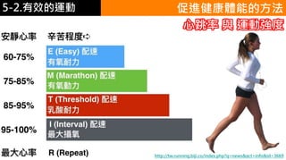 5-1.運動與體重控制 促進健康體能的方法
心跳率 與 運動強度
http://tw.running.biji.co/index.php?q=news&act=info&id=3669
5-2.有效的運動
 
