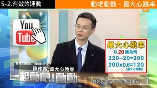 5-1.運動與體重控制
https://www.youtube.
com/watch?v=4LiRoa
KDHjY
動吧動動－最大心跳率5-2.有效的運動
 