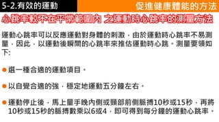 5-1.運動與體重控制 促進健康體能的方法
心跳率較不在平常範圍內 之運動時心跳率的測量方法
運動心跳率可以反應運動對身體的刺激，由於運動時心跳率不易測
量，因此，以運動後瞬間的心跳率來推估運動時心跳。測量要領如
下:
選一種合適的運動項目。
以自覺合適的強，穩定地運動五分鐘左右。
運動停止後，馬上量手晚內側或頸部前側脈搏10秒或15秒，再將
10秒或15秒的脈搏數乘以6或4，即可得到每分鐘的運動心跳率。
5-2.有效的運動
 