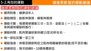5-1.運動與體重控制
 適用對象：健康成年人
 運動類型：動態伸展操、靜態伸展操
 運動次數：每週規律運動三次～五次，並配合（一）（二）在暖
身與緩和運動時進行。
 運動時間：肌肉緊繃狀態持續15至30秒左右。
 每一部位反覆一至三次
 運動強度：伸展至關節附近之肌肉明顯繃緊的程度(但不至於痛)
 訓練部位：每次訓練8～10個身體部位
增進柔軟度的運動建議
增進柔軟度的運動建議
5-2.有效的運動
 