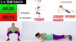 5-1.運動與體重控制
下肢肌群
5-4. 再論TABATA
核心肌群
體前肌群 手臂肌群
 