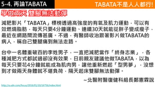 5-1.運動與體重控制5-4. 再論TABATA TABATA不是人人都行!
http://a.udn.com/focus/2016/01/10/16756/index.html
減肥影片「TABATA」標榜透過高強度的有氧及肌力運動，可以有
效燃燒脂肪，每天只要4分鐘運動、連續30天就能從胖子變成瘦子，
最近在網路間流傳甚廣。不過，有醫師收治跟著影片做TABATA的
病人，稱自己雙腿痛到無法走路。
台中一名體重破百的李姓男子，一直把減肥當作「終身志業」，各
種減肥方式都試過卻沒有效果，日前親友建議他做TABATA，以為
每天只要花4分鐘就能成為肌肉男，讓他重新燃起「型男夢」，沒想
到才做兩天身體就不堪負荷，隔天起床雙腳無法動彈。
~北醫附醫復健科組長鄭憲霖說
學做兩天 雙腳無法動彈
 