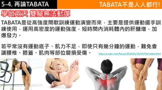 5-1.運動與體重控制
若平常沒有運動底子、肌力不足，即使只有幾分鐘的運動，難免會
讓腰椎、膝蓋、肌肉等部位磨損受傷。
5-4. 再論TABATA TABATA不是人人都行!
http://a.udn.com/focus/2016/01/10/16756/index.html
TABATA是從高強度間歇訓練運動演變而來，主要是提供運動選手訓
練使用，運用高密度的運動強度，短時間內消耗體內的肝醣增，加
爆發力。
學做兩天 雙腳無法動彈
 