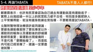 5-1.運動與體重控制5-4. 再論TABATA TABATA不是人人都行!
http://a.udn.com/focus/2016/01/10/16756/index.html
北醫附醫物理治療師許庭筠建議，
要避免運動傷害除了要找專家以外，
運動前的暖身以及運動後的舒緩運
動都很重要；當運動出現痠痛時，
不是代表「要開始瘦了」，而是肌
肉可能已經受傷了，建議一定要盡
速就醫。
體重破百要減重 至少半年
鄭憲霖表示，也許有民眾會認為自己過去有運動就是有運動底子，
實際上台灣超過一半以上的民眾肌力都不合格，特別是多數肥胖人
士平常懶得動，若沒有健身教練在旁指導，不要輕易嘗試TABATA。
 