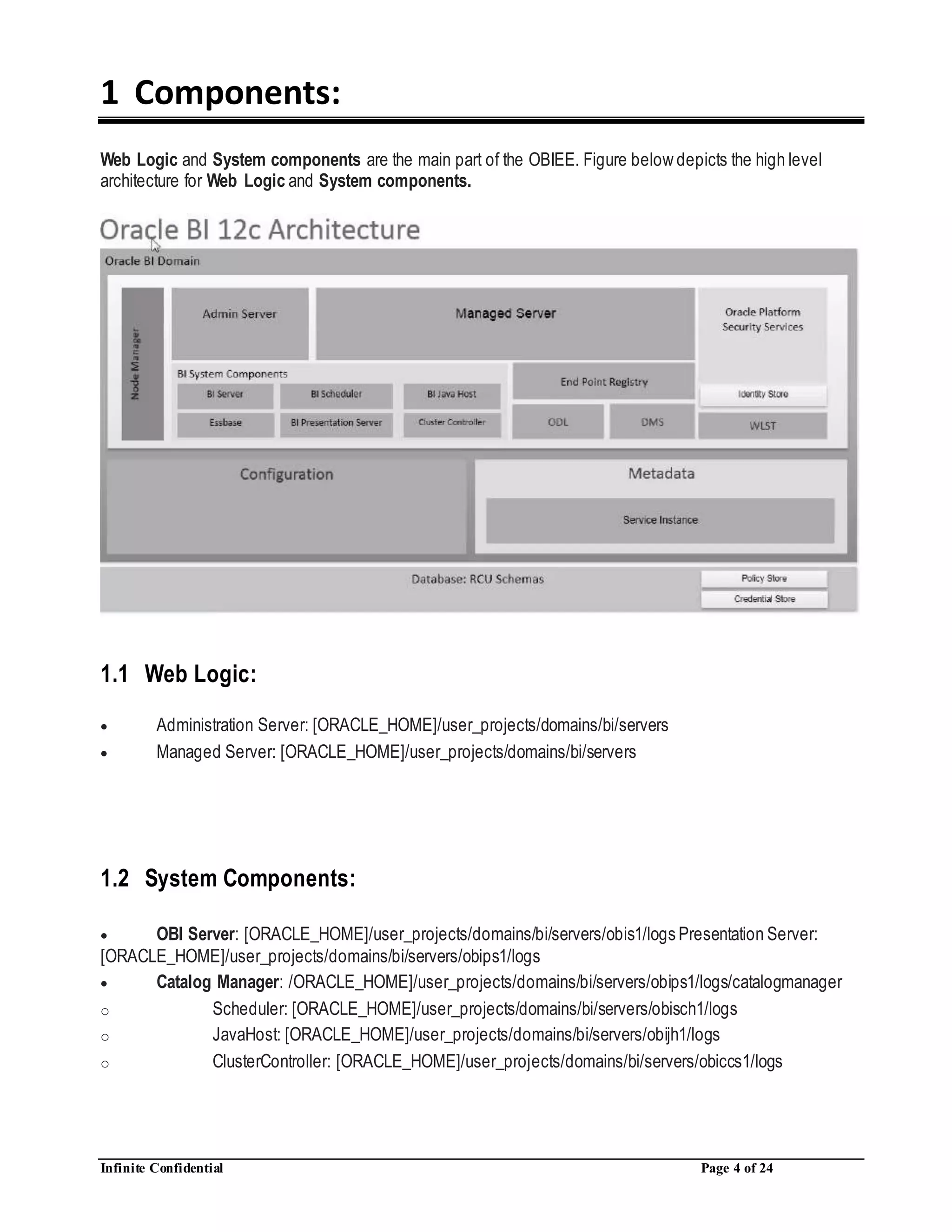 Infinite Confidential Page 4 of 24
1 Components:
Web Logic and System components are the main part of the OBIEE. Figure below depicts the high level
architecture for Web Logic and System components.
1.1 Web Logic:
 Administration Server: [ORACLE_HOME]/user_projects/domains/bi/servers
 Managed Server: [ORACLE_HOME]/user_projects/domains/bi/servers
1.2 System Components:
 OBI Server: [ORACLE_HOME]/user_projects/domains/bi/servers/obis1/logs Presentation Server:
[ORACLE_HOME]/user_projects/domains/bi/servers/obips1/logs
 Catalog Manager: /ORACLE_HOME]/user_projects/domains/bi/servers/obips1/logs/catalogmanager
o Scheduler: [ORACLE_HOME]/user_projects/domains/bi/servers/obisch1/logs
o JavaHost: [ORACLE_HOME]/user_projects/domains/bi/servers/obijh1/logs
o ClusterController: [ORACLE_HOME]/user_projects/domains/bi/servers/obiccs1/logs
 