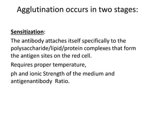Agglutination occurs in two stages:
Sensitization:
The antibody attaches itself specifically to the
polysaccharide/lipid/protein complexes that form
the antigen sites on the red cell.
Requires proper temperature,
ph and ionic Strength of the medium and
antigenantibody Ratio.
 