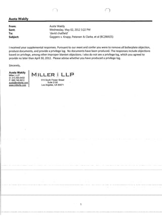 Austa Wakily
From:
Sent:
To:
Subject:
Austa Wakily
Wednesday, May 02, 2012 3:22 PM
'david chatfield'
Gaggero v. Knapp, Petersen  Clarke, et al (BC286925)
( received your supplemental responses. Pursuant to our meet and confer you were to remove all boilerplate objection,
produce documents, and provide a privilege log. No documents have been produced. The responses include objections
based on privilege, among other improper blanket objections. I also do not see a privilege log, which you agreed to
provide no later than April 30, 2012. Please advise whether you have produced a privilege log.
Sincerely,
Austa Wakily
Miller ILLP
D: 213.493.6432
F: 888.749.5812 Iausta@millerlip.com
www.millerlip.com
515 South Flower Street
Suite 2150
Los Angeles, CA 90071
1
r--------------------------------------------------------------------------------------------------------------------------------------------
 