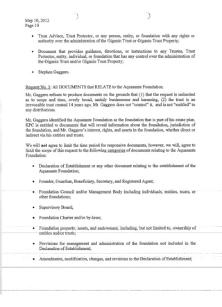 May 10,2012
Page 10
)
• Trust Advisor, Trust Protector, or any person, entity, or foundation with any rights or
authority over the administration ofthe Giganin Trust or Giganin Trust Property;
• Document that provides guidance, directions, or instructions to any Trustee, Trust
Protector, entity, individual, or foundation that has any control over the administration of
the Giganin Trust and/or Giganin Trust Property;
• Stephen Gaggero.
Request No.3: All DOCUMENTS that RELATE to the Aquasante Foundation.
Mr. Gaggero refuses to produce documents on the grounds that (1) that the request is unlimited
as to scope and time, overly broad, unduly burdensome and harassing, (2) the trust is an
irrevocable trust created 14 years ago, Mr. Gaggero does not control it, and is not entitled to
any distributions.
Mr. Gaggero identified the Aquasante Foundation as the foundation that is part ofhis estate plan.
KPC is entitled to documents that will reveal information about the foundation, jurisdiction of
the foundation, and Mr. Gaggero's interest, rights, and assets in the foundation, whether direct or
indirect via his entities and trusts.
We will not agree to limit the time period for responsive documents, however, we will, agree to
limit the scope ofthis request to the following categories of documents relating to the Aquasante
Foundation:
• Declaration of Establishment or any other document relating to the establishment of the
Aquasante Foundation;
• Founder, Guardian, Beneficiary, Secretary, and Registered Agent;
• -Folinaation-CoiliiCiI-anClIor Managefnetit BoClyincludihg individuals;-ehtities,trtIsts~ -ot -
other foundations;
• Supervisory Board;
• Foundation Charter and!or by-laws;
• - Foundation properlY,-assets,-arid -endoWinent,iricltidirig,Dufiloflfuiited to, ownership-of -
-~---~--~~~entities-andfor-trusts;
• Provisions for management and administration of the foundation not included in the
Declaration ofEstablishment;
1- -- -- - ----------- ------- --. -- -- - - - ~ ~ ~- -- - ---~ -~- - ~ ~- - - - - - -- ---- ---~- ~-- ------ ------------~~ -~ - ~
I • Amendments, modification, changes, and revisions to the Declaration ofEstablisbment;
 