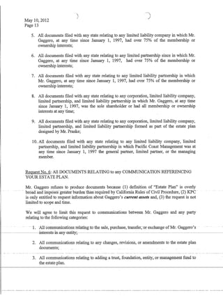 May 10,2012
Page 13
5. All documents fIled with any state relating to any limited liability company in which Mr.
Gaggero, at any time since January 1, 1997, had over 75% of the membership or
ownership interests;
6. All documents fIled with any state relating to any limited partnership since in which Mr.
Gaggero, at any time since January 1, 1997, had over 75% of the membership or
ownership interests;
7. All documents fIled with any state relating to any limited liability partnership in which
Mr. Gaggero, at any time since January 1, 1997, had over 75% of the membership or
ownership interests;
8. All documents fIled with any state relating to any corporation, limited liability company,
limited partnership, and limited liability partnership in which Mr. Gaggero, at any time
since January 1, 1997, was the sole shareholder or had all membership or ownership
interests at any time;
9. All documents fIled with any state relating to any corporation, limited liability company,
limited partnership, and limited liability partnership formed as part of the estate plan
designed by Mr. Praske;
10. All documents fIled with any state relating to any limited liability company, limited
partnership, and limited liability partnership in which PacifIc Coast Management was at
any time since January 1, 1997 the general partner, limited partner, or the managing
member.
Request No.6: All DOCUMENTS RELATING to any COMMUNICATION REFERENCING
YOUR ESTATE PLAN.
Mr. Gaggero refuses to produce documents because (1) defInition of Estate Plan is overly
.. - - bioadandiiriposes greaferbtirdenfuarirequrredbyCaIifornia RUlesofCiviTProcedille,T2) KPC-
is only entitled to request information about Gaggero's current assets and, (3) the request is not
limited to scope and time.
We will agree to limit this request to communications between Mr. Gaggero and any party
relating to the following categories:
- 1. All-co:fi:i1fiumcatiollsrela:tmgto the sale, purcnase,-transfer,-or excnange-of Mr~ Gaggerc-'s·
interests-in-any-entity;
2. All communications relating to any changes, revisions, or amendments to the estate plan
. docum.~nts; .
3. All communications relating to adding a trust, foUhdation, entity, or management fund to
the estate plan.
 