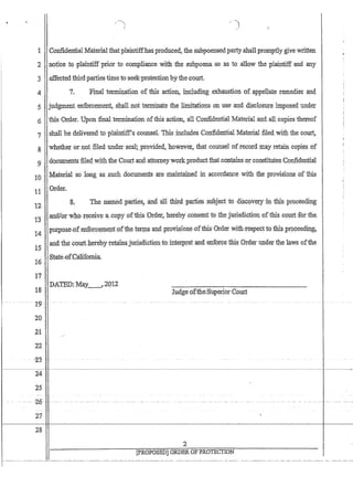 /
1 GonfidentiaIMaterial.thatplaintiffhas produc.ed, the subpoenaedpartyshallpromptly give written
2 notice to :plaintiffprior to compliance with the sul1poenasoas to allow the plaintiff and any
3 affected thirdparties timetoseekprotection bythe.court.
4 1. Finaltenninationofthisaction, inqludingexhaustion of appellate remedies an4
5 judgment. enfotceme:ritshall not terminate thelimitationsoll use and disclosure imposed1lIlder
6 this ·Order, UponfinaI tennination·ofthis actioll,all ConfidentialMaterial. and .all.copiesthe);eof
7 shall be delivered to'plaintiffs counseL This includes ·CO!rlidential Material .filed with tbecourt;
8 whetherornoifiled under seal; .ptovideq,however, thatcounselofTecordmay retain copies of
.9 do:cumentsfiled withthe CourtandattomeywdrkproducHhat cont?insor consfitutes Confidential
. :. Material so long.. as.such documen.tsaremaintainedinaccordance with the nrovision~.ofthis10 J;'
nOrder..
Thenamedparlies?a.ndrill third parties:sribjed to discoverylniliis proceeding
13 .'1l!l,d1or·wlJ,o ryceiv:e 'a,cop¥'ofthis 'Order herebY,c,onsent. tothe.j.urisdicti,ol1,ofotmscopri: Jbrthe.
p~1')se,ofenfofCemeJ,1t:ofthetermsand,pt:ovislons·ofthis;Order withre~pectto:thls.proceeding;
14
1:5 .. ; and the.cormherebyteta,fu~ju:risclictijnto.interpretandenforcethls Order under the laws ofthe
16
State,otCalifornia.
11
pATED: May~2()12
18:
-- .1~ -
20
2{ /
'22
'23-
24
25
--~n
28
2
[pROPOSED1 ORDER OFPROTECTION
r-------- --------------------------------------.--.-------------------- ---.----------.----------------- -.----.------------ ------ ----.------.----------
 