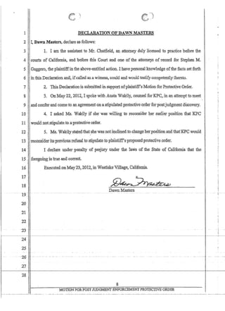 1 DECLARATION OF'DAWN MASTERS
2 I, DawnMasters;,deClare.as.follows:
3 1. Iamthe'asslstant.·to .·J.fr.Chatfield,an.,attotney duly licensed to practice before the
4 conrtsofCalifomia, and :before this Court and one ofthe attorneys.of'record for StephenM.
5 Gaggero,.theplaintiffin the·above..entitled action. I have personal knowledge ofthefactssetforth
6 inthis.Declaration anti, ifcal1edas.aWitness, could and wouldtestifycompetent1.Ythereto.
7 2 This Decllrrationis.su.bmittedinSlWPottofplaintiffsMotionforProtectiveOrder.
8 3. On May 22, 2012, 1 ~poke'WithA1ista Wakily.counsel forKPC~in anatfemptto.meet
9andconfet:andcometo an agreement ona:stipulatedprotecfiveordet forpostjudgmentdiscovery.
104. Tasked Ms.Wakilyif she was willing to reconsider her .ear1ierposition that KPC
11 . wouidnoLstiptilate:to.a':protectiveorder.
12 5.MB.. 'Wakilystaj(;;d'lhaishewasnotinclin,edtochangeher;p0slllonaildthafKPC'would
13 .Tecbnsiderits,pr~YiotiSrefu~~tostip1.ilateto·plafutiff's'pr()poseaprotectiveordet.
14 . l:deelare 11!lder'pemUtyofpeljury tinder the laws of the State ·cifGalifotniathat the
15, foregQ~g;istrueanacorrec~~
16 ExecntetLonMat23,20tl~in Westla1ceViUage,Ca:lifo'illia.
11
18
--1~9--- --- --- -- ----
2,0
~21
22
23
·--~--I~---
24
25
·-26
27
28
r·_·-----._-_.---------..----.-.- .
Dawn.Masters
MOTIONFORPOSTJ1JDGMENTENFORCEME1'T PROTECTIVE ORDER
.,
 