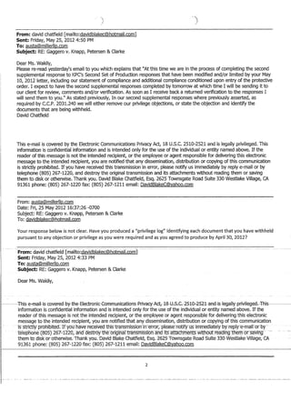 )
From: david chatfield [mailto:davidblakec@hotmail.com]
Sent: Friday, May 25,20124:50 PM
To: austa@millerllp.com
Subject: RE: Gaggero v. Knapp, Petersen  Clarke
Dear Ms. Wakily,
-)
Please re-read yesterday's email to you which explains that At this time we are in the process of completing the second
supplemental response to KPC's Second Set of Production responses that have been modified and/or limited by your May
10, 2012 letter, including our statement of compliance and additional compliance conditioned upon entry of the protective
order. I expect to have the second supplemental responses completed by tomorrow at which time I will be sending it to
our client for review, comments and/or verification. As soon as I receive back a returned verification to the responses I
will send them to you. As stated previously, In our second supplemental responses where previously asserted, as
required by c.c.P. 2031.240 we will either remove our privilege objections, or state the objection and identify the
documents that are being withheld.
David Chatfield
This e-mail is covered by the Electronic Communications Privacy Act, 18U.S.C.2510-2521andislegallyprivileged.This
information is confidential information and is intended only for the use of the individual or entity named above. If the
reader of this message is not the intended recipient, or the employee or agent responsible for delivering this electronic
message to the intended recipient, you are notified that any dissemination, distribution or copying of this communication
is strictly prohibited. If you have received this transmission in error, please notify us immediately by reply e-mail or by
telephone (805) 267-1220, and destroy the original transmission and its attachments without reading them or saving
them to disk or otherwise. Thank you. David Blake Chatfield, Esq. 2625 Townsgate Road Suite 330 Westlake Village, CA
91361 phone: (805) 267-1220 fax: (805) 267-1211 email: DavidBlakeC@yahoo.com
From: austa@millerllp.com
Date: Fri, 25 May 2012 16:37:26 -0700
Subject: RE: Gaggero v. Knapp, Petersen  Clarke
To: davidblakec@hotmail.com
Your response below is not clear. Have you produced a privilege log identifying each document that you have withheld
pursuant to any objection or privilege as you were required and as you agreed to produce by April 30, 2012?
From: david chatfield [mailto:davidblakec@hotmail.com]
Sent: Friday, May 25,20124:33 PM
To: austa@millerllp.com
Subject: RE: Gaggero v. Knapp, Petersen  Clarke
Dear Ms. Wakily,
1------+Ais-e-mail-is-E0veFeEi-13y-tAe-EleEtrenie-GemmuniEatiens-PFivaEY-AEI:,18-lJ.S.G.--2-5±Q~2-52-1-anEi-is-le§JaIIY-l'lFivile§JeEl.--Ais--~­
information is confidential information and is intended only for the use of the individual or entity named above. If the
reader of this message is not the intended recipient, or the employee or agent responsible for delivering this electronic
message to the intended recipient, you are notified that any dissemination, distribution or copying of this communication
-ls-stfictlypronibifect-Ifyouhaveteceiveo-this-tYansmis-Sion-in-ermr~-plea-se-m::ltify-rrs-imme-diatelvbv-replv-e-;:mail-or-by­
feiepnone T8U5)Z67-12.20, a-na-aesffoytne ofigm-anfansmlssiOn ana-its attacnments WitllOITLreaamg-tnelTl or_saVing _--- - -
them to disk or otherwise. -fhank you; David-Blake Ehatfield,-Esq; z6z.5-Townsgate-Road-Stlite 330 WestlakeViliageiEA
91361 phone: (805) 267-1220 fax: (805) 267-1211 email: DavidBlakeC@yahoo.com
2
 