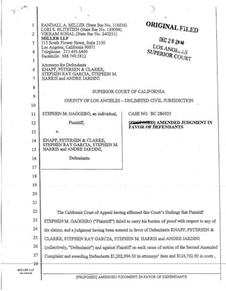 ./~.;.
(t .•.. )
..~ ....'
:~
1
2
3
4
5
6
7
8
9
~I
lV
11
12
13
14
15
16
17
18
19
20
21
22
23
:24
25
26
27
2-8
MILLERLLP
Los ANGELES
RANDALL A. :MILLER (State Bar No.. 116036)
LORI S. BLITSTIEN (State Bar No. 149004)
. VIKRAM SOHAL (State Bar No. 240251)
lfiLLER LLP
515 South Flower Street, Suite 2150
Los Angeles, California 90071
Telephone: 213.493.6400
Facsimile: 888.749.5812
Attorneys for Defendants
KNAPP, PETERSEN & CLARKE,
STEPHEN RAY GARCIA, STEPHEN M.
HARRIS and ANDRE JARDINI
SUPERIOR COURT OF CALIFORNIA
COUNTY OF LOS ANGELES - UNLIMITED CIVIL JURISDICTION
STEPHEN M. GAGGERO, an individual,
Plaintiff,
v.
KNAPP, PETERSEN & CLARKE,
STEPHEN RAY GARCIA, STEPHEN M.
HARRIS and ANDRE JARDINI,
Defendants.
CASE NO. BC 286925
(P.D:QP~~l AMENDED JUDGMENT IN
FAVOR OF DEFENDANTS
The California Court ofAppeal having affirmed this Court's findings that Plaintiff
STEPHEN M. GAGGERO ("Plaintiff") failed to C81TY his burden ofproofwith respect to any of '
his cla.irD.s, and a judgment having been-enteted infavor· ofDefendants KNAPP, PETERSEN & .
CLARKE, STEPHEN RAY GARCIA, STEPHEN M. HARRIS and ANDRE JARDINI
. . (collecTIvely.,·"Defendants''rancfa.gamst:f>Iallitiffon each cause ofaction ofthe SecondAIllended
Complaint and awarding Defendants $1,202,994.50 in·attorneys' fees and $124,702.90 in costs,
[pROPOSED] ANIENDED JUDGMENT IN FAVOR OF DEFENDANTS
 