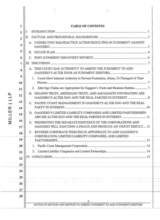 (L
-I
-I
0:::
UJ
-I
-I
~
--------------
1 TABLE OF CONTENTS
2 I. INTRODUCTION ..................................................................................................................... 1
3 II. FACTUAL AND PROCEDURAL BACKGROUND .............................................................. 3
4
5
6
7
8
9
10
11
12
13
14
15
16
17
18
-------------
19
20
21
22
23
24
25. -,..-
_.. - ---
26
27
28
A. UNDERLYING MALPRACTICE ACTION RESULTING IN JUDGMENT AGAINST
GAGGERO ............................................................................................................................ 3
B. ESTATE PLAN...................................................................................................................... 4
C. POST-JUDGMENT DISCOVERY EFFORTS ..................................................................... 6
III. DISCUSSION ............................................................................................................................ 7
A. TIDSCOURTHASAUTHOruTYTOAMENDTHEJUDGMENTTOADD
1~.
2.
B.
C.
D.
E.
F.
GAGGERO'S ALTER EGOS AS JUDGMENT DEBTORS................................................ 7
Cou..-rts Have IrJ1erent P3..uthorirj to Prevent Frustration, p.~buse, Or Disregard ofTheir
Process ............................................................................................................................,... 7
Alter Ego Claims are Appropriate for Gaggero's Trusts and Business Entities................. 7
GIGANIN TRUST, ARENZANO TRUST, AND AQUASANTE FOUNDATION ARE
GAGGERO'S ALTER EGO AND THE REAL PARTIES IN INTEREST ......................... 8
PACIFIC COAST MANAGEMENT IS GAGGERO'S ALTER EGO AND THE REAL
PARTY IN INTEREST........................................................................................................ 10
GAGGERO'S LIMITED LIABILITY COMPANIES AND LIMITED PARTNERSHIPS
ARE IDS ALTER EGO AND THE REAL PARTIES IN INTEREST ............................... 11
PRESERVING THE SEPARATE EXISTENCE OF THE CORPORATIONS AND
GAGGERO WILL SANCTION A FRAUD AND PRODUCE AN UNJUST RESULT.... 13
REVERSE CORPORATE PIERCING IS APPOPRIATE TO ADD GAGGERO'S
---- -- -GQRFORA-l'IQN,-bIMIT-E:G-LIARILI-'f¥GQMPANIE~, AND-LIW'fED - - ----------------
PARTNERSIDPS ................................................................................................................. 13
1. Pacific CoastManagement Corporation........................................................................... 14
2. Limited Liability Companies and Limited Partnerships................................................... 14
IV. CONCLUSION........................................................................................................................ 15
-1-
NOTICE OF MOTION AND MOTION TO AMEND JUDGMENT TO ADD JUDGMENT DEBTORS
 