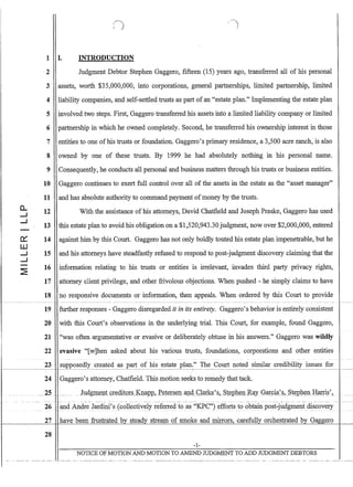 0...
....J
....J
n::
W
....J
....J
~
1 I. INTRODUCTION
-2 Judgment Debtor Stephen Gaggero, fIfteen (15) years ago, transferred all of his personal
3
4
5
6
7
8
9
10
11
12
13
14
15
16
17
18
assets, worth $35,000,000, into corporations, general partnerships, limited partnership, limited
liability companies, and self-settled trusts as part of an estate plan. Implementing the estate plan
involved two steps. First, Gaggero transferred his assets into a limited liability company or limited
partnership in which he owned completely. Second, he transferred his ownership interest in those
entities to one ofhis trusts or foundation. Gaggero's primary residence, a 3,500 acre ranch, is also
owned by one of these trusts. By 1999 he had absolutely nothing in his personal name.
Consequently, he conducts all personal and business matters through his trusts or business entities.
Gaggero continues to exert full control over all of the assets in the estate as the asset manager
and has absolute authority to command payment ofmoney by the trusts.
With the assistance of his attorneys, David ChatfIeld and Joseph Praske, Gaggero has used
this estate plan to avoid his obligation on a $1,520,943.30 judgment, now over $2,000,000, entered
against him by this Court. Gaggero has not only boldly touted his estate plan impenetrable, but he
and his attorneys have steadfastly refused to respond to post-judgment discovery claiming that the
information relating to his trusts or entities is irrelevant, invades third party privacy rights,
attorney client privilege, and other frivolous objections. When pushed - he simply claims to have
no responsive documents or information, then appeals. When ordered by this Court to provide
- - - - - - - - - - - - - - - - - - - - ----- - - - - - - - - - - - - - - - - -
further responses - Gaggero disregarded it in its entirety. Gaggero's behavior is entirely consistent
with this Court's observations in the underlying trial. This Court, for exari:lple, found Gaggero,
was often argumentative or evasive or deliberately obtuse in his answers. Gaggero was wildly
evasive [w]hen asked about his various trusts, foundations, corporations and other entities
supposedly created as part of his estate plan~ The Court noted similar credibility issues for
Gaggero's attorney, ChatfIeld. This motion seeks to remedy that tack.
__ Jlldgm~ptQr~djJQI:sJl;lftPp,-:p-~t~r~~]l an,(tCJark~'s,_St~mh~l1lS-C!YQa[(ict's, __St~pb~l.l.:fImIi§',-
~~.-.-~ ----- - ._--- - -- --'- ~--- ----
and Andre Jardini's (collectively referred to as KPC) efforts to obtain post-judgment discovery- - - - - - - - --- -- - - -- -- - - - -- - - - - - - - ---- - - ---- - ---- - --
have been frustrated by steady stream of smoke and mirrors, carefully orchestrated by GMgero
-1-
NOTICE OF MOTION AND MOTION TO AMEND JUDGMENT TO ADD JUDGMENT DEBTORS
 