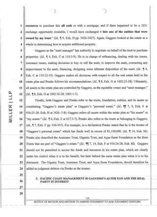 ,
)
1 resources to purchase this all cash or with a mortgage, and if there happened to be a 1031
2 exchange opportunity available, I would have exchanged it into one of the entities that were
3 owned by my trust. (Id, .~ 9, Exh. H pp. 3426-3427). Again, Gaggero looked at the estate as a
4 whole in determining how to acquire additional property.
5 Gaggero as the asset manager has authority to negotiate on behalf ofthe trust to purchase
6 properties. (Id, ~ 4, Exh. C at 110:3-9). He is in charge of refmancing, dealing with tax issues,
7 insurance issues, making decisions to buy or sell the asset, to improve the asset, overseeing any
8 improvement to the asset, fmancing, designing some ultimate disposition of the asset. (Id, ~ 4,
9 Exh. C at 110:12-19). Gaggero makes all decisions with respect to all the real estate held in the
10 estate plan and Praske follows his recommendations. (Id, ~ 8, Exh. Gat 1002:25..28). Ultimately,
11 all assets in the estate plan are controlled by Gaggero, as the equitable owner and asset manager.
12 (Id, ~ 8, Exh. Gat 1002:16-28, 1003:1-3).
13 Finally, both Gaggero and Praske refer to the trusts, foundation, entities, and its assets as
14 constituting Gaggero's estate plan or Gaggero's personal estate. (Id, ~~ 7, 9, Exh. F at
15 936:25-28; Exh. H at 3426: 5-8). Gaggero refers all assets within the estate plan as his assets or
16 my assets. (Id, ~ 6, Exh. E at 617:3-7). Praske also refers to the trusts as belonging to Gaggero.
17 (Id, ~ 7, Exh. F pp. 936-937). For example, in a declaration Praske stated that he is the trustee of
18 Gaggero's personal estate which has funds well in excess of $1,100,000. (Id, ~ 14, Exh. M).
19 Praske also described the Arenzano Trust, Giganin Trust, and Aqua Sante Foundation as the three
20 Trusts that are part of Gaggero's estate. (Id, ~~ 7, 14, Exh. F at 936:24-28; Exh. M). Gaggero
21 should not be permitted to access the funds and resources in his estate plan, which are clearly
22 under his control when it is to his benefit, but hide behind the same estate plan when it is to his
..•
23 detriment. The Giganin Trust, Arenzano Trust, and Aqua Sante Foundation, should therefore be
24 added as judgment debtors via Praske as the trustee.
26
27
28
... I·
C...:eACIFIC.COAST.MANAGEMENT.IS ,GAGGERO~SALTEREGO ANDTHKREAL.. . ... .. -
PAE.TYIN INTEREST
-10-
NOTICE OF MOTION AND MOTION TO AMEND JUDGl'v1ENT TO ADD JUDGl'v1ENT DEBTORS
 