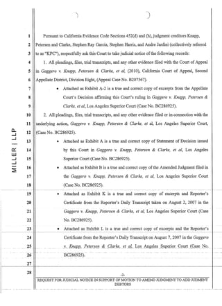 CL
....J
....J
0:::
w
....J
....J
1 Pursuant to California Evidence Code Sections 452(d) and (h), judgment creditors Knapp,
2 Petersen and Clarke, Stephen Ray Garcia, Stephen Harris, and Andre Jardini (collectively referred
3 to as KPC), respectfully ask this Court to take judicial notice ofthe following records:
4 1. All pleadings, flIes, trial transcripts, and any other evidence filed with the Court of Appeal
5 in Gaggero v. Knapp, Petersen  Clarke, et aI, (2010), California Court of Appeal, Second
6 Appellate District, Division Eight, (Appeal Case No. B207567).
7 • Attached as Exhibit A-2 is a true and correct copy of excerpts from the Appellate
8 Court's Decision affirming this Court's ruling in Gaggero v. Knapp, Petersen 
9 Clarke, et aI, Los Angeles Superior Court (Case No. BC286925).
10 2. All pleadings, files, trial transcripts, and any other evidence filed or in connection with the
11 underlying action, Gaggero v. Knapp, Petersen  Clarke, et aI, Los Angeles Superior Court,
12 (Case No. BC286925).
13 • Attached as Exhibit A is a true and correct copy of Statement of Decision issued
14 by this Court in Gaggero v. Knapp, Petersen  Clarke, et aI, Los Angeles
15 Superior Court (Case No. BC286925).
16 • Attached as Exhibit B is a true and correct copy ofthe Amended Judgment filed in
17
18
19
20
21
22
23
24
25
26
27
28
the Gaggero v. Knapp, Petersen  Clarke, et aI, Los Angeles Superior Court
(Case No. BC286925).
• Attached as Exhibit K is a true and correct copy of excerpts and Reporter's
Certificate from the Reporter's Daily Transcript taken on August 2, 2007 in the
Gaggero v. Knapp, Petersen  Clarke, et aI, Los Angeles Superior Court (Case
No. BC286925).
- --- -~-- -- -- -- - - - - _._-
• Attached as Exhibit L is a true and correct copy of excerpts and the Reporter's
Certificate from the Reporter's Daily Transcript on August 7,2007 in the Gaggero
Y·_Kr!gpPLr(;t~~!i(}t!: __J:}Cl(ke,~t_f!!,_1_~_)~_AP:g~I~~_~uQ~Jj.Qr~QllJ1_(Qll~~_No.
BC286925).
-2-
REQUEST FOR JUDICIAL NOTICE IN SUPPORT OF MOTION TO AMEND JUDGMENT TO ADD JUDMENT
DEBTORS
 