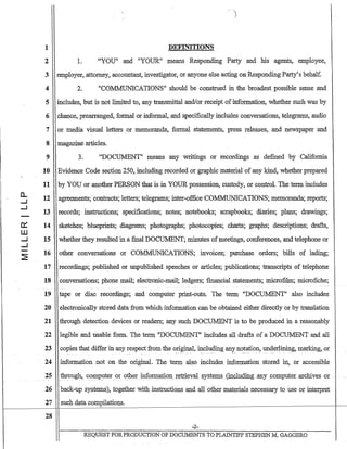 c....
--l
--l
c=:
W
--l
--l
~
1
2 1.
DEFINITIONS
"YOU" and "YOUR" means Responding Party and his agents, employee,
3 employer, attorney, accountant, investigator, or anyone else acting on Responding Party's behalf.
4 2. "COMMUNICATIONS" should be construed ill the broadest possible sense and
5 includes, but is not limited to, any transmittal and/or receipt ofinformation, whether such was by
6 chance, prearranged, formaJ. or informal, and specifically includes conversations, telegrams, audio
7 or media visual letters .or memoranda, formal statements, press releases, and newspaper and
8 magazine articles.
9
10
11
12
13
14
15
16
17
18
19
20
21
22
23
24
25
26
3. "DOCUMENT" means any writings or recordings as defined by California
Evidence Code section 250, including recorded or graphic material of any kind, whether prepared
by YOU or another PERSON that is in YOUR possession, custody, or control. The term includes
agreements; .contracts; letters; telegrams; inter-office COIV.IMUNICATIONS; memoranda; reports;
records; instructions; specifications; notes; notebooks; scrapbooks; diaries; plans; drawings;
sketches; blueprints; diagrams; photographs; photocopies; charts; graphs; descriptions; drafts,
whether they resulted in a final DOCUMENT; minutes ofmeetings, conferences, and telephone or
other conversations or COMMUNICATIONS; invoices; purchase orders; bills of lading;
recordings; published or unpublished speeches or articles; publications; transcripts of telephone
conversations; phone mail; electronic-mail; ledgers; financial statements; microfilm; microfiche;
tape or disc recordIDgs; and computer print-outs. The term "DOCUJv.lENT" also includes
electronically stored data from which information can be obtained either directly or by translation
through detection devices or readers; any such DOCUMENT is to be produced in a reasonably
legible and usable form. The term "DOCUMENT"includes all drafts of a DOCUMENT and all
copies that differ in any respect from the original, including an)T no!a.tion, un4erlinirlg, marking,_or _
information not on the original. The term- also includes infonnationstored ·in, or accessible
throug1J., computer or ()t11er}'nf'orm~[tioD. r(;:trieval systems(ine.ludiognany .computeLarchives or
back-up systems), together with instructions and all other materials necessary to use or illterpret
27 such data compilations.
28
-2-
REQUEST FORPRODUCTION OF DOCUMENTS TO PLAINTIFF STEPHEN M. GAGGERO
 