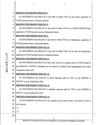 I
0:::
W
.....J
.....J
1 REQUEST FOR PRODUCTION NO.7.
2 All DOCUMENTS that RELATE to any trust in which YOU are the trustor regardless of
3 YOUR present income or financial interest.
4 REQUEST FOR PRODUCTION NO.8.
5 All DOCUMENTS that RELATE to any trust in which YOU are a TRUST PROTECTOR,
6 regardless ofYOUR present income or financial interest.
7 REQUEST FOR PRODUCTION NO.9.
8 All DOCUMENTS that RELATE to any trust in which YOU are a beneficiary, regardless of
. 9 YOUR present income or financial interest.
10 REQUEST FOR PRODUCTION NO. 10.
11 All DOCUMENTS that RELATE to any trust in which YOU are in class of beneficiaries,
12 regardless ofYOUR present income or financial interest.
13 REQUEST FOR PRODUCTION NO. 11.
14 All DOC1Th1ENTS that RELATE to bills, fees, invoices, or charges paid on YOUR behalf by
15 any PERSON or ENTITY including, but not limited to, Pacific Coast Management and Avalon
16 Corporation since 2001.
17 REQUEST FOR PRODUCTION NO. 12..
18 All DOC1Th1ENTS that RELATE to travel expenses paid by YOU or any PERSON or
19 ENTITY on your behalf since 2001.
20, REQUEST FOR PRODUCTION NO. 13.
21 All DOCUMENTS that RELATE to litigation expenses paid by YOU or any PERSON or
22 ENTITY on your behalf since 2001.
23 REQUEST FOR PRODUCTION NO. 14.
24 All DOCUMENTS that RELATE to the transfer of any asset ·owned at any time by YOU in
25 any capacity.
26 /11
27 /11
-
28
-6-
REQUEST FORPRODUCTION OF DOCU1v.IENTS TO PLAINTIFF STEPHEN M. GAGGERO
 