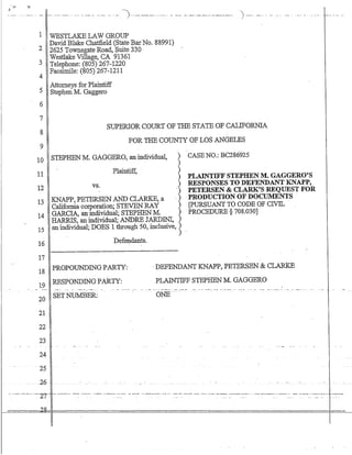 -_._--.._. --. -----..-..-.__.. -_. -_.__.- ...._- _... --.. j._.__._----_._-_..._._-_. -._..- -_..__.__._---_._----------) ._--- -_.. - -- ._. _._... _- _... -_. ---- --_._-
1 WESTLAKE LAW GROUP
2 David Blake Chatfield (State Bar No. 88991)
2625 Townsgate Road, Suite 330
Westlake Village, CA 91361
3 Telephone: (805) 267-1220
4 Facsimile: (805) 267-1211
5 Attorneys for Plaintiff
Stephen M. Gaggero
6
7
8
9
SUPERIOR COURT OF THE STATE OF CALIFORNIA
FOR THE COUNTY OF LOS ANGELES
10 STEPHEN M. GAGGERO, an individual, )
)
11
12 VS.
Plaintiff, . )
)
)
.)
13 KNAPP, PETERSEN AND CLARKE, a . )
California corporation; STEVEN RAY )
14 GARCIA, an individual; STEPHEN M. )
HARRIS, an individual; ANDRE JARDINI, )
15 an individual; DOES 1 through 50, inclusive, )
. . )
16
Defendants.
17
CASE NO.: BC286925
PLAINTIFF STEPHEN M. GAGGERO'S
RESPONSES TO DEFENDANT KNAPP,
PETERSEN & CLARK'S REQUEST FOR
PRODUCtION OF DoCUMENTS
[PURSUANT TO CODE OF CIVIL
PROCEDURE § 708.030]
18 PROPOUNDING PARTY:
19 RESPONDING PARTY:
. DEFENDANT KNAPP, PETERSEN & CL.A1tKB
PLAINTIFF STEPBBN M. GAGGERO
20 SET NuMBER:
21
22
23
24
·25
.26·.
- - - •• _ •• _. __ ~• • • • ___. _ ._._ ............ -: ___ ._ ••• __ ••••••••• _ • - M" •••• _ •• ___ • • • _ •• _ _ • • • • . , _ .
ONE--··
-- --------··---'-2T- :- -.----- ---. --.-.-- ..-- -.----~.-.~-.- - -:-- .--~----.:. -- .-. -~..-: ---.- -- -.--- ~-- -.---:-:-.- .~------.--.-- ---------------- - - ---- -..--- ---. -------
..........._... 2.b
 