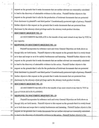 I " ...... _.... - ' " .._.... . .._.... /) -'. - ......
.....1
1 request on the grounds that it seeks documents that are neither relevant nor reasonably calculated
2 to lead to the discovery of admissible evidence in this action. Plaintifffurther objects to this
3 request on the grounds that it calls for the production ofirrelevant documentsthat are protected
4 from disclosure by plaintiff's and thirdparties' Constitutionally protected right ofprivacy. Plaintiff
5 further objects to this request on the grounds that it seeks documents that are protected from
6 disclosure bythe attorney-client privilege andlor the attorney work-product doctrine.
7 DOCUMENT REQUEST NO. 14:
8 All DO~NTS that RELATE to the transfer of any asset owned at any time by YOU in
9 any capacity.
10 RE~PONSE TO DOCUMENT'REQUESTNO. 14: .
11 Plaintiffincorporates byrefetence each and every General Objection set forth above as
12 though fully setforth herein. Plaintiffobjects to this request on the grounds that it is overlybroad
13 as to time and scope so as to be unduly burdensome and harassing. Plaintifffurther objects to this
14 request on the grounds that it seeks documents that are neither relevant not reasonably calculated
15 to lead to the discovery of admissible evidence in tbis action. Plaintiff further objects to tbis
16 request on the grounds that it calls for the production ofirrelevant documents that are protected
--·--------·---·-li-·-fromilisclosu:re-by-plaffitiff''s"andtbird-parties2
-Constitutionall-y-pi'0teetea-rightofpri-v-ae-y-;-P-laintiff .----.-
18 further objects to this request on the grounds that it seeks documents that are protected from
19 .. ~sc1o~~e.by th.e attorney-c~~~t p.r:i~lege andlor :the_~ttomey workwptoduct doctrine.
.~ -- ':. .- . ' . . ... _.
20 DOCUMENT REQUEST NO. 15:
21 All DOCUMENTS that RELATE to the transfer ofany asset owned at any time by YOU as
22 part ofYOUR ESTATE PLANNlNG.
23 RESPONSE TO DOCUMENT REQUEST NO. 15:
24 .. ... l?laintiffincorpora!es byreference each and every General Objection set forth above as
25thougli fully set Iorfuherem: Plaintiffobjects to thisrequestonthe grounds thatit is overlybroad
... - .. 26 .. as to hothtime_and SG0pe that is und1!lyJ2'l1:td~:r:tEi()m~._ang_J:J.ar~~~igg._:Pl~ti.fffH;ti:1le:r 9bject~_t~tltiE_
-- -- -.- ..- --"'27- ~iequesron fIle-grounds-tha;rirS'e-e-krlm;;mP;~;Q.t~~tb:atw.e-n~itb:er-rel~v:ap:t-n:m-Ieas01'l~b.l-y-ea:le.lliateEl~-.'-.'-- .---.
--=====,<18~.=IJdi.Q,Jead to-the..disco~eI¥ of.admissible eYidence in this action. Plaintiff:further 0bjects to this
10
 