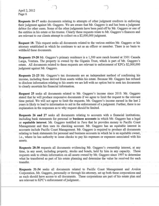 April 2, 2012
Page 6
Requests 16-17 seeks documents relating to attempts of other judgment creditors in enforcing
their judgment against Mr. Gaggero. We are aware that Mr. Gaggero is and has been a judgment
debtor for other cases. Some ofthe other judgments have been paid offby Mr. Gaggero or one of
the entities in his estate or his trustee. Clearly these requests relate to Mr. Gaggero's finances and
are relevant to our clients attempt to collect on a $2,000,000 judgment.
Request 18- This request seeks all documents related to the various entities Mr. Gaggero or his
attorney established in which he continues to act as an officer or member. There is no basis to
. withhold these documents.
Requests 19-20 Mr. Gaggero's primary residence is a 1,500 acre ranch located at 3501 Canada
Larga, Ventura. The property is owned by the Giganin Trust, which is part of Mr. Gaggero's
estate. All documents related to these requests are relevant to enforcement of KPCs $2,000,000
judgment against Mr. Gaggero.
Requests 21-23 Mr. Gaggero's tax documents are an independent method of confIrming his
income, including those derived from assets within his estate. Because Mr. Gaggero has refused
to disclose information relating to his assets we are left with no option but to seek tax documents
to clearly ascertain his financial information.
Request 25 seeks all documents related to Mr. Gaggero's income since 2010. Mr. Gaggero
stated that he will produce responsive documents if we agree to limit the request to the relevant
time period. We will not agree to limit the requests. Mr. Gaggero's income earned in the last 2
years is likely to lead to information to aid in the enforcement of a judgment. Further, there is no
explanation in the responses as to why request should be limited.
Requests 26 and 27 seeks all documents relating to accounts with a fmancial institutions,
including bank statements for personal or business accounts in which Mr. Gaggero has a legal
or equitable interest. Mr. Gaggero testified in Yura that he provides money to Pacific Coast
Management and then uses its checking ·account. Mr. Gaggero has an equitable interest in
accounts include Pacific Coast Management. Mr. Gaggero is required to produce all documents
relating to bank statements for personal arid business accounts in whicli neisan-equitable oWner, .
i.e., where he has authority to issue checks to pay his expenses or expenses associated with his
assets.
Requests 28-30 requests all documents evidencing Mr. Gaggero's ownership interest, at any
time, in any asset, including property, stocks and bonds, held by him in any capacity. These
requests seek to obtain information on all assets owned by Mr. Gaggero since 1997 to determine
what he transferred as part of his estate planning and determine the value he received for each
- transfer. - - - ...... --- ~ -
Requests 31-34 seeks all documents related to Pacific Coast Management and Avalon
Corporation..Mr. Gaggero,. personally_orthrough his_attorney,set up both thes_eCOIporationsand
as such should have access to all documents. These corporations are part of his estate plan and
are relevant to KPC's enforcement ofjudgment..
 