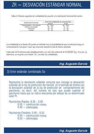 ZR = DESVIACIÓN ESTÁNDAR NORMAL
3) Error estándar combinado So
Representa la desviación estándar conjunta que conjuga la desviación
estándar de la ley de predicción del transito en el periodo de diseño con
la desviación estándar de la ley de predicción de comportamiento del
pavimento, es decir, del numero de ejes que puede soportar el
pavimento hasta que su índice descienda por debajo de un determinado
valor Pt.
Pavimentos Rígidos: 0.30 – 0.40
0.35 = construcción nueva.
0.40 = sobrecapas.
Pavimentos Flexibles: 0.40 – 0.50
0.45 = construcción nueva.
0.50 = sobrecapas
 