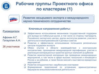 Рабочие группы Проектного офиса
по кластерам (1)
38
Развитие несырьевого экспорта и международного
научно-технического сотрудничества
Ключевые направления работы:
 Эффективное использование механизмов государственной поддержки
для выхода на глобальные рынки, в том числе со стороны торгпредств,
Российского экспортного центра, других институтов развития, участия в
деятельности межправкомиссий и деловых советов
 Развитие и эффективное использование потенциала региональных
центров поддержки экспорта
 Обмен опытом в области взаимодействия с иностранными
контрагентами, прохождения международной сертификации, участия в
реализации кооперационных проектов крупных компаний за рубежом
 Развитие межкластерной кооперации при проведении международных
мероприятий, в том числе в сфере высоких технологий и инноваций в
России и за рубежом, а также бизнес-миссий и выставочно-ярмарочных
мероприятий
 Развитие сотрудничества с зарубежными кластерами
 Формирование предложений по устранению административных
барьеров во внешнеэкономической деятельности
Руководители
Афонин А.Г.
Гатауллин А.Н.
26 участников
 