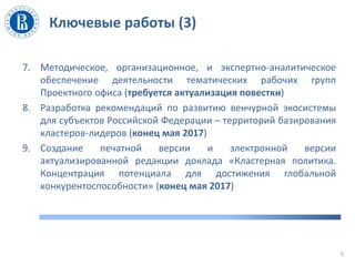 Ключевые работы (3)
7. Методическое, организационное, и экспертно-аналитическое
обеспечение деятельности тематических рабочих групп
Проектного офиса (требуется актуализация повестки)
8. Разработка рекомендаций по развитию венчурной экосистемы
для субъектов Российской Федерации – территорий базирования
кластеров-лидеров (конец мая 2017)
9. Создание печатной версии и электронной версии
актуализированной редакции доклада «Кластерная политика.
Концентрация потенциала для достижения глобальной
конкурентоспособности» (конец мая 2017)
5
 