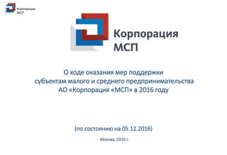 О ходе оказания мер поддержки
субъектам малого и среднего предпринимательства
АО «Корпорация «МСП» в 2016 году
(по состоянию на 05.12.2016)
Москва, 2016 г.
 