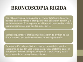 BRONCOSCOPIA RIGIDA
Con el broncoscopio rígido podemos revisar la tráquea, la carina,
del lado derecho vemos el bronquio fuente, el espolón del LSD, y el
nacimiento de sus 3 subsegmentos, el bronquio intermedio, el LM y
sus subsegementos, igual que las ramas del LI.
Del lado izquierdo: el bronquio fuente espolón de división de sus
dos bronquios, y el nacimiento de sus ramas segmentarías.
Para una visión más periférica, o para las ramas de los lóbulos
superiores, se pueden usar telescopios de visión lateral o pasar el
fibroscopio a través del rígido, completar la evaluación y aspirar
secreciones de los bronquios más dístales.
 