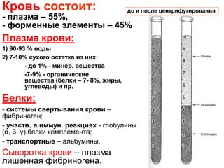 Кровь состоит:
- плазма – 55%,
- форменные элементы – 45%
Плазма крови:
1) 90-93 % воды
2) 7-10% сухого остатка из них:
- до 1% - минер. вещества
-7-9% - органические
вещества (белки – 7- 8%, жиры,
углеводы) и пр.
Белки:
- системы свертывания крови –
фибриноген;
- участв. в иммун. реакциях - глобулины
(α, β, γ),белки комплемента;
- транспортные – альбумины.
Сыворотка крови – плазма
лишенная фибриногена.
до и после центрифугирования
 