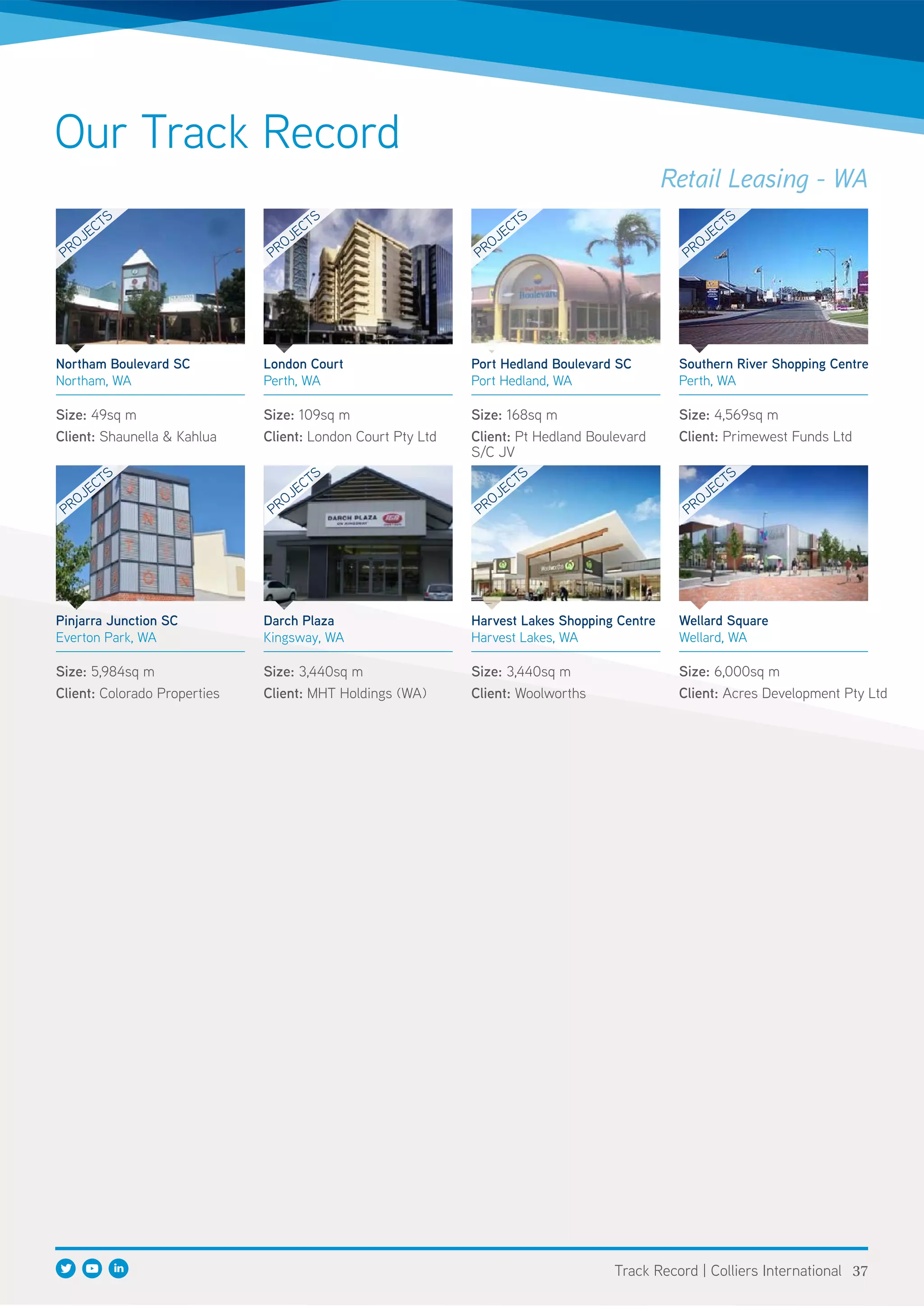 Retail Leasing - WA
Our Track Record
Northam Boulevard SC
Northam, WA
Size: 49sq m
Client: Shaunella & Kahlua
London Court
Perth, WA
Size: 109sq m
Client: London Court Pty Ltd
Port Hedland Boulevard SC
Port Hedland, WA
Size: 168sq m
Client: Pt Hedland Boulevard
S/C JV
Southern River Shopping Centre
Perth, WA
Size: 4,569sq m
Client: Primewest Funds Ltd
Pinjarra Junction SC
Everton Park, WA
Size: 5,984sq m
Client: Colorado Properties
Darch Plaza
Kingsway, WA
Size: 3,440sq m
Client: MHT Holdings (WA)
Harvest Lakes Shopping Centre
Harvest Lakes, WA
Size: 3,440sq m
Client: Woolworths
Wellard Square
Wellard, WA
Size: 6,000sq m
Client: Acres Development Pty Ltd
PROJECTS
PROJECTS
PROJECTS
PROJECTS
PROJECTS
PROJECTS
PROJECTS
PROJECTS
37Track Record | Colliers International
 