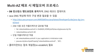 vv
Multi-?AZ ??? ? ???? ????
? DB ???? ????? ????, DNS ??? ????
? Java DNS ??? ?? ?? ?? ??? ? ??
? http://docs.aws.amazon.com/AWSSdkDocsJava/latest/DeveloperGuide/java-dg-jvm-
ttl.html
? JVM ?? ?? ?????? ??? ??
? Set networkaddress.cache.ttl in the$JAVA_HOME/jre/lib/security/java.security file:
? networkaddress.cache.ttl=60
? ?? ?????? ??
? set networkaddress.cache.ttl in your applications initialization code:
? java.security.Security.setProperty("networkaddress.cache.ttl" , "60");
? ?????? ?? ???(re-establish) ??
 
