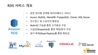 v? ?? ??? ??? ?????? ???
? Aurora, ?MySQL, ?MariaDB, ?PostgreSQL, ?Oracle, ?SQL ?Server
? ???? ? ???? ???
? Multi-?AZ ???? ?? ???? ??
? ???(Snapshot)? ?? ??/?? ??
? ?? ??(Read ?Replica)? ?? ???
Amazon
RDS
Aurora
RDS ??? ??
 
