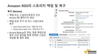 vv
Amazon RDS? ???? ?? ? ??
?? (Restore)
? ?? ?? ??????? ??
Aurora DB ???? ??
? ?? ?? ?? ? ?? ?????
??
? Latest Restorable Time : ?? 5? ??
? Earliest Restorable Time : ?? ?? ??
? Aurora Backup? ??, ?? ????
?? ?? ??? ?? ??? ???
??? ? ?? ??
 